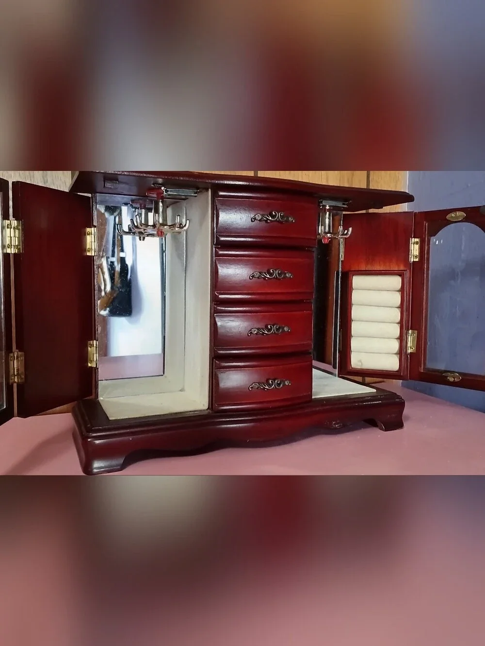 Elegant Red Wooden Jewelry Organizer Armoire